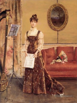 Le Femme à la Harpe Dame Peintre Belge Alfred Stevens Peinture à l'huile